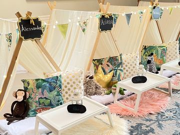 Camp Sweet Dreams Orlando slumber party tent rental themed sleepover teepee Jungle Safari animals