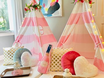 Camp Sweet Dreams Orlando slumber party tent rental themed sleepover teepee Bachelorette ideas wine