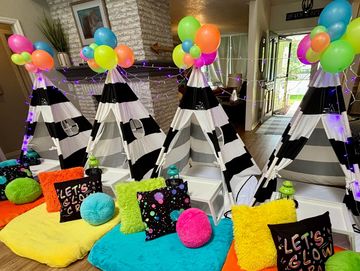 Camp Sweet Dreams Orlando slumber party tent rental themed sleepover teepee Glow party ideas