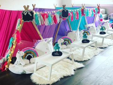 Camp Sweet Dreams Orlando slumber party tent rental themed sleepover teepee rainbow Unicorn for girl