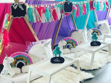 Camp Sweet Dreams Orlando slumber party tent rental themed sleepover teepee rainbow Unicorn for girl