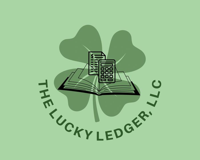 Logo of The Lucky Ledger, LLC with a clover, book, calculator, and receipt.