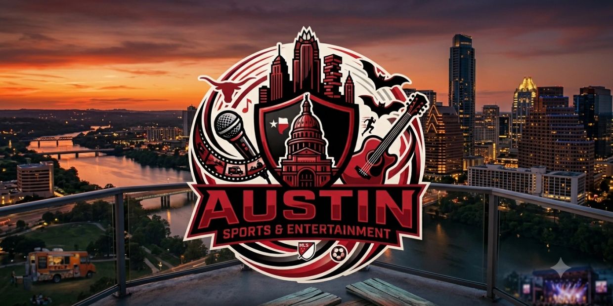 Austin Sports &amp; Entertainment logo overlay on cityscape at sunset.