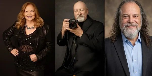 Three professional portraits of people with dark backgrounds.