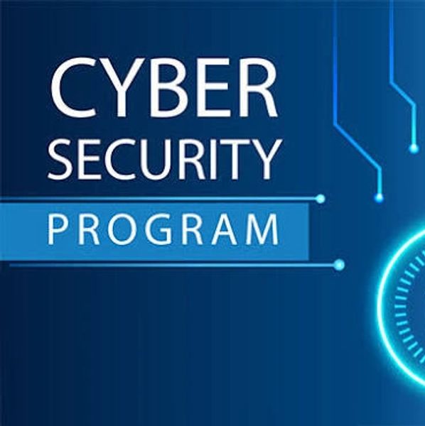 Cyber security program text with digital design.
