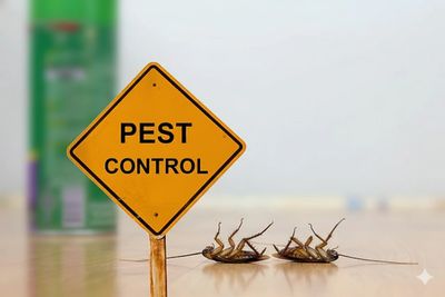 A pest control sign with two dead cockroaches nearby on a wooden surface.