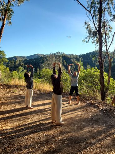 Three people stretching outdoors in nature.