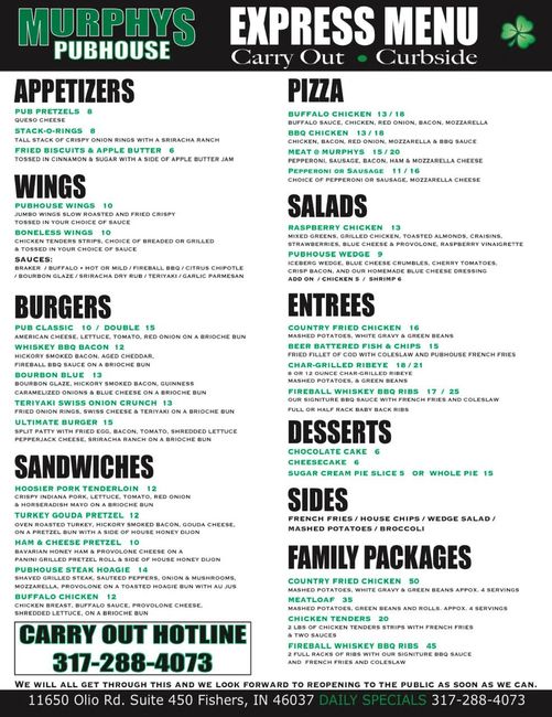 Menu Murphys PubHouse Fishers