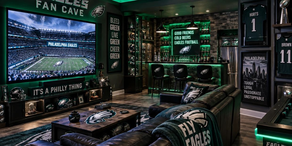Philadelphia Eagles themed fan cave with big screen and bar.