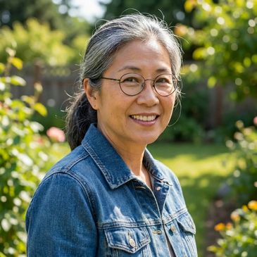 Smiling woman wearing glasses and a denim jacket in a garden.