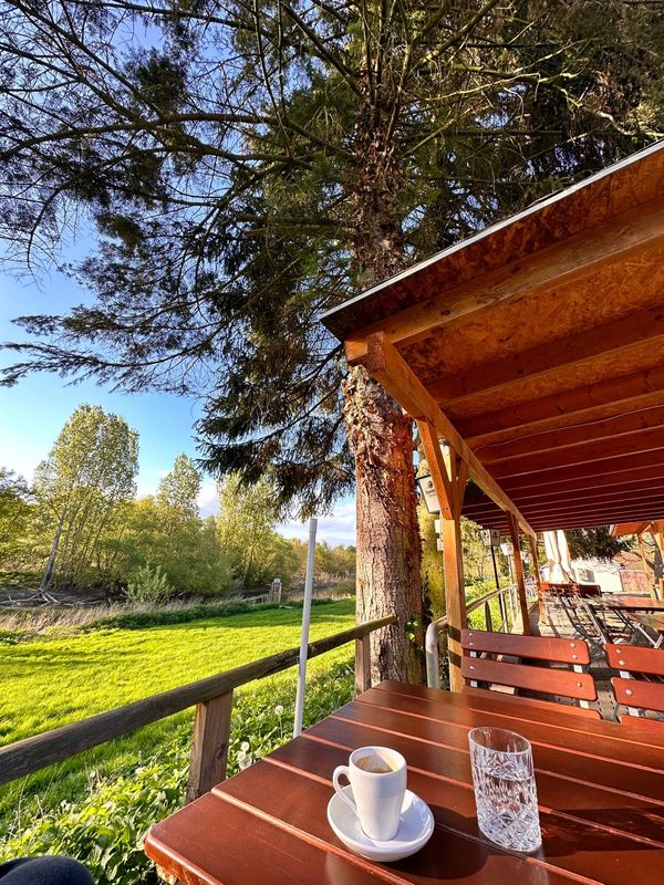 Outdoor wooden table with coffee cup and glass, overlooking green field and trees.