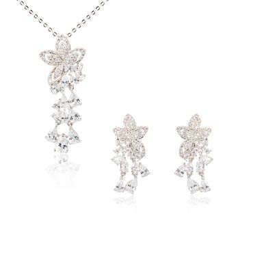 Elegant silver floral necklace and earrings set with clear stones.