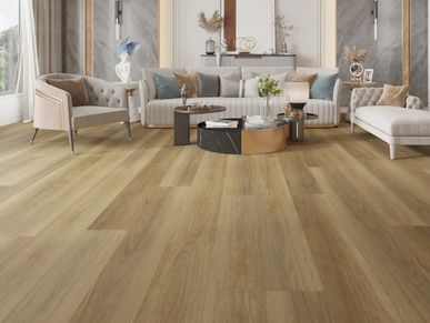 Modern living room with light wood flooring and stylish furniture.