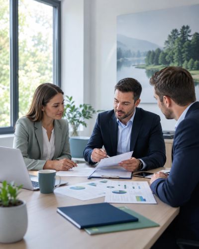 Three businesspeople discussing documents around a table.