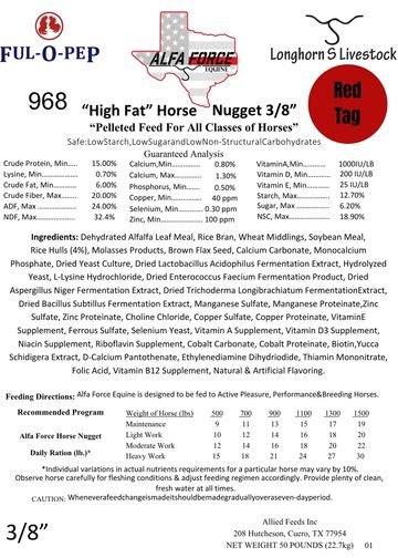 Feed label for Alfa Force High Fat Horse Nugget 3/8 pellet with nutritional info.