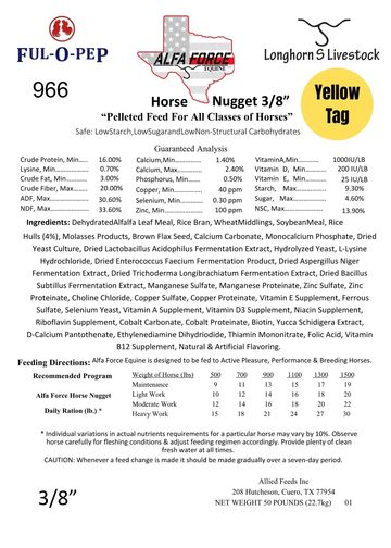 Supplement label for Alfa Force Nugget 3/8" horse pellets with yellow tag.