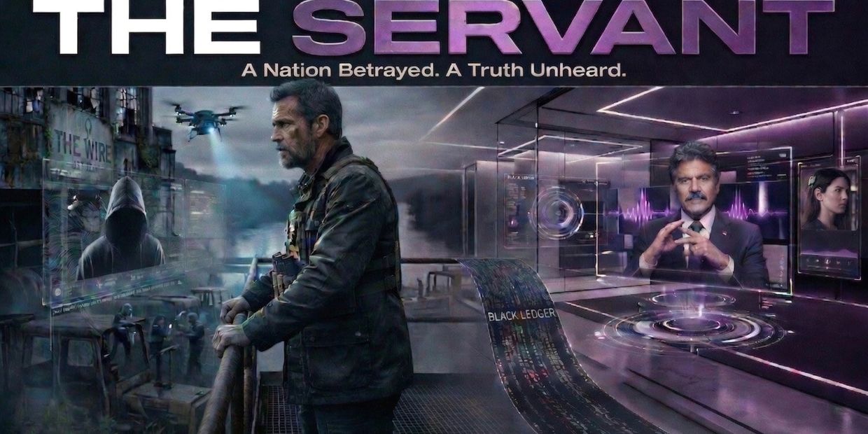 Man observing digital surveillance and news in a futuristic setting.