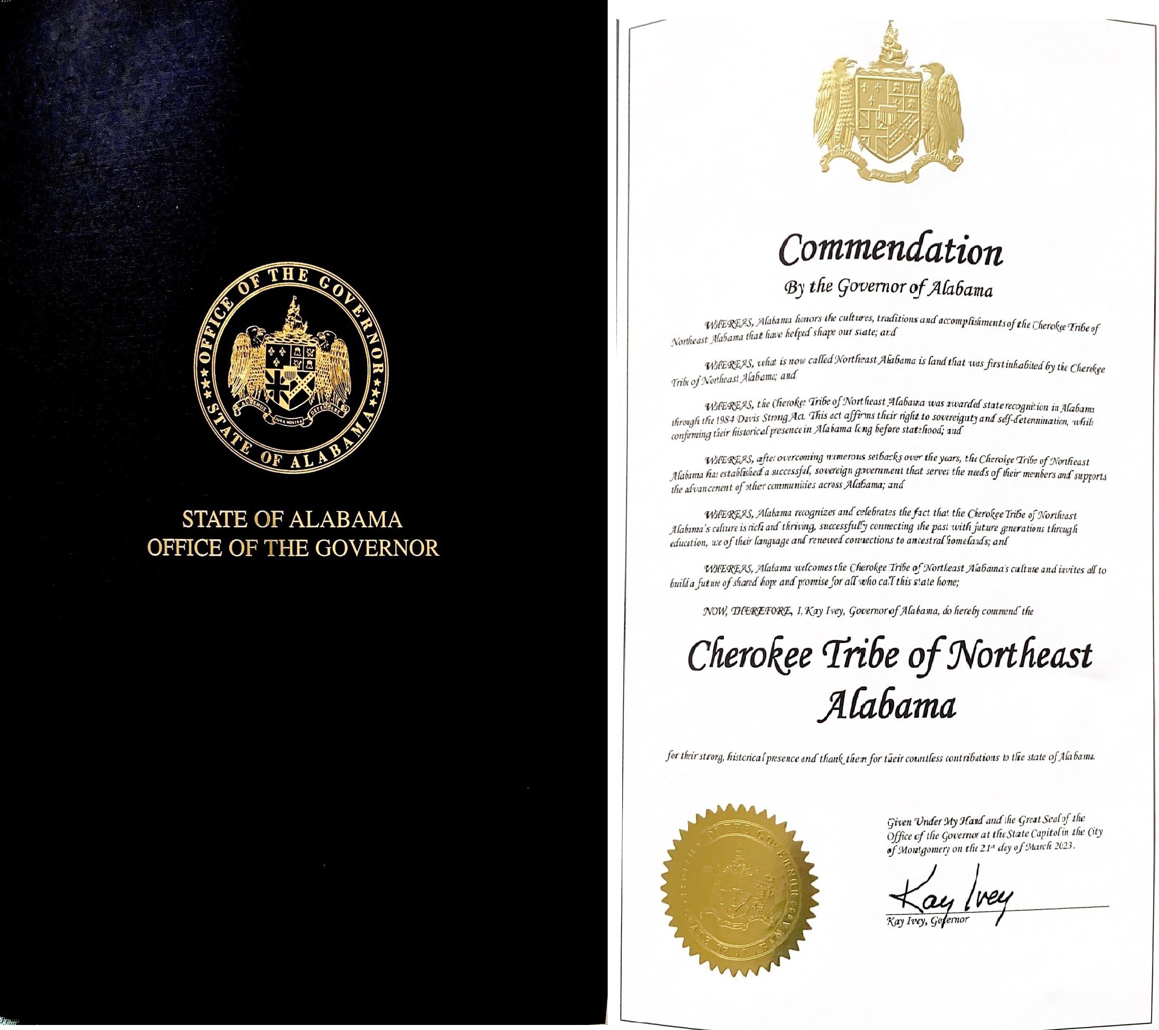 Alabama Governor's commendation certificate for Cherokee Tribe of Northeast Alabama.