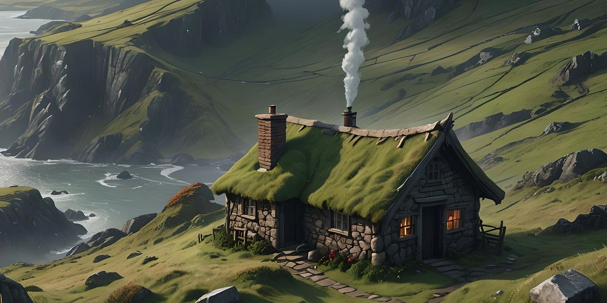 Cozy stone cottage with a grassy roof by the cliffs and sea.