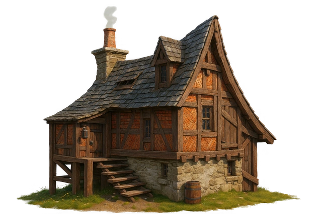 Charming rustic cottage with wooden beams and stone base.