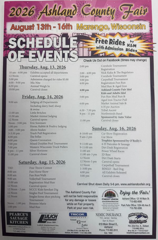 2026 Ashland County Fair schedule in Marengo, Wisconsin from August 13-16.