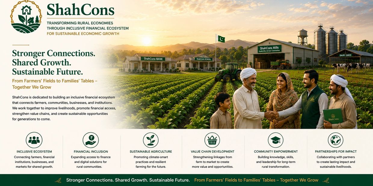 Farmers and community members shaking hands in front of agricultural facilities promoting sustainable growth.