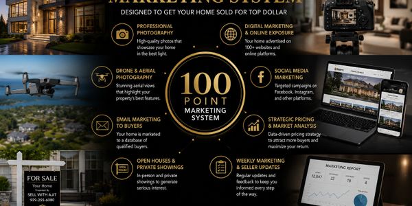Infographic detailing a 100-point real estate marketing system for selling homes effectively.