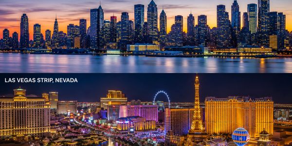 Night cityscapes of two major U.S. skylines, New York and Las Vegas.