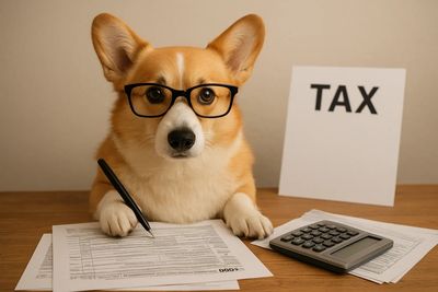 Corgi preparing a U.S. Form 1040 tax return while holding a pen and with a calculator beside it.