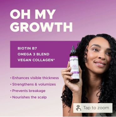 Woman holding a hair growth product with benefits listed.