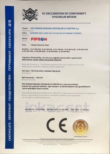 CE Certificate for FIPRON Cord Type 1 (protecting 50 Liter volume); FIPRON Cord Type 2 (protecting 1