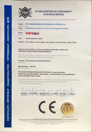 CE Certificate for FIPRON Sticker P (for wall socket); FIPRON Sticker 15 (for 15 Liters electrical b