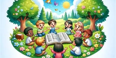 Children sitting in a circle outdoors, listening to a story from a book.