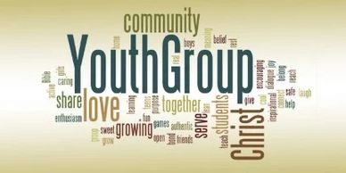 Word cloud illustrating themes of youth group, love, community, and Christ.
