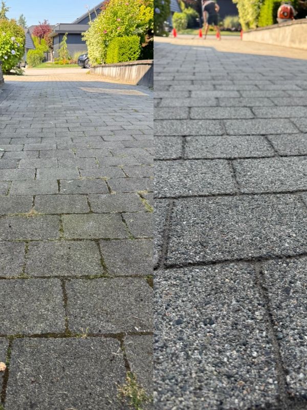 Side-by-side comparison of a driveway before and after cleaning.