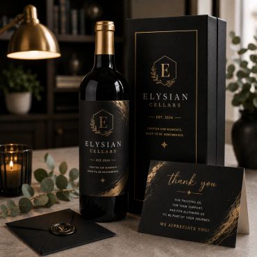 Elegant Elysian Cellars wine bottle with thank you card.