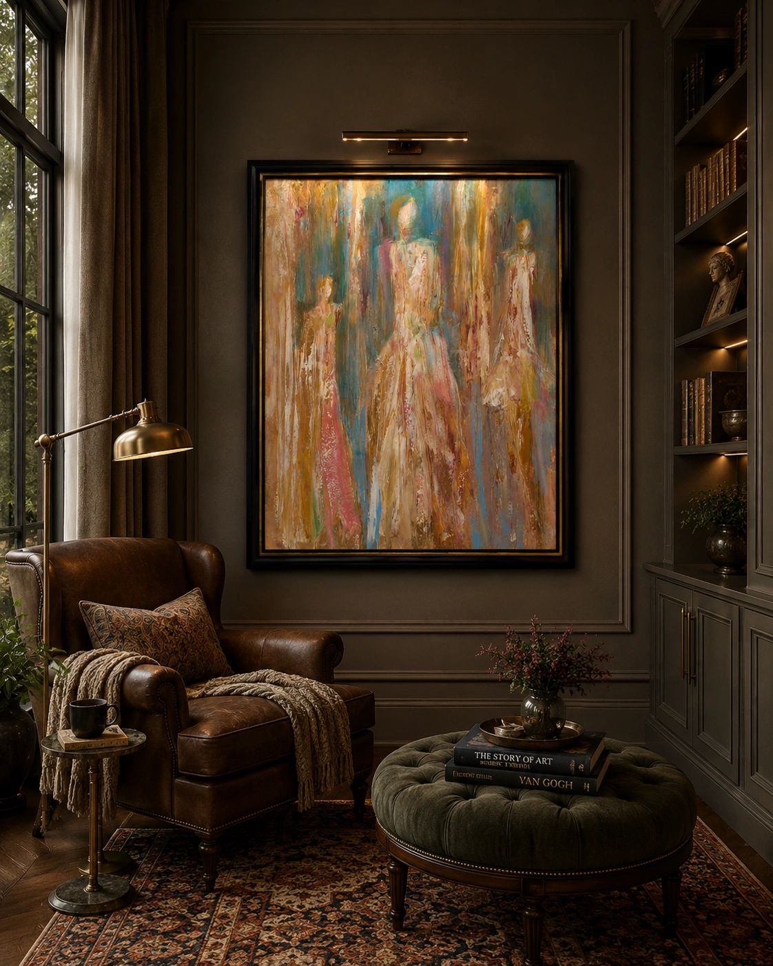 Cozy reading nook with leather chair and abstract painting.