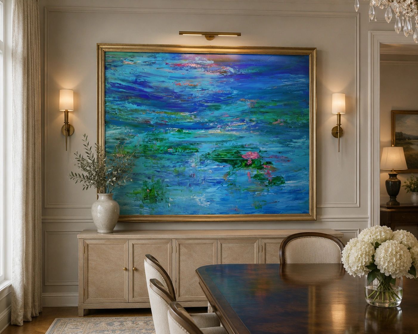 Elegant dining room with large blue abstract painting and floral decor.