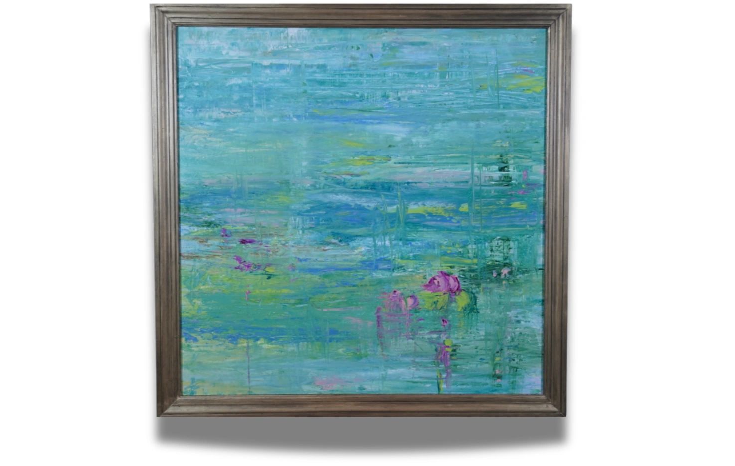 Abstract impressionist painting with blue, green, and pink hues in a wooden frame.