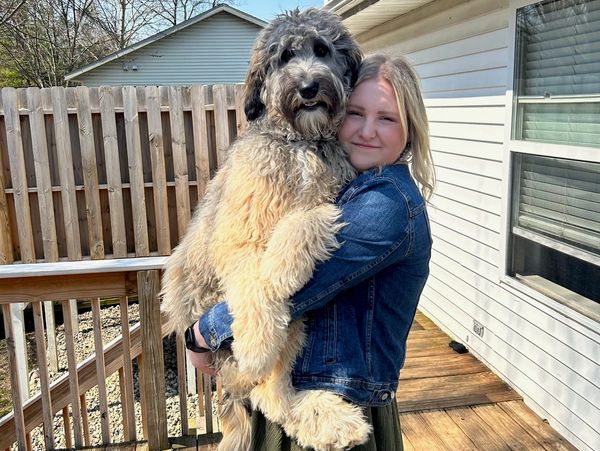 A woman hugs a large fluffy dog on a wooden deck outside.