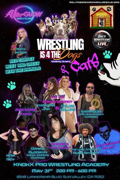 Charity wrestling event featuring wrestlers and animals, promoting meet and greet with pets.