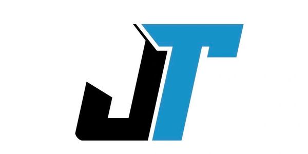 Stylized JT logo with black J and blue T on white background.