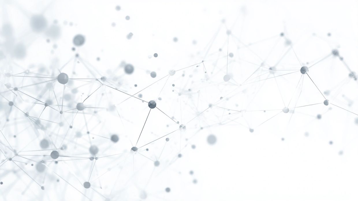 Abstract network of connected nodes on a white background.