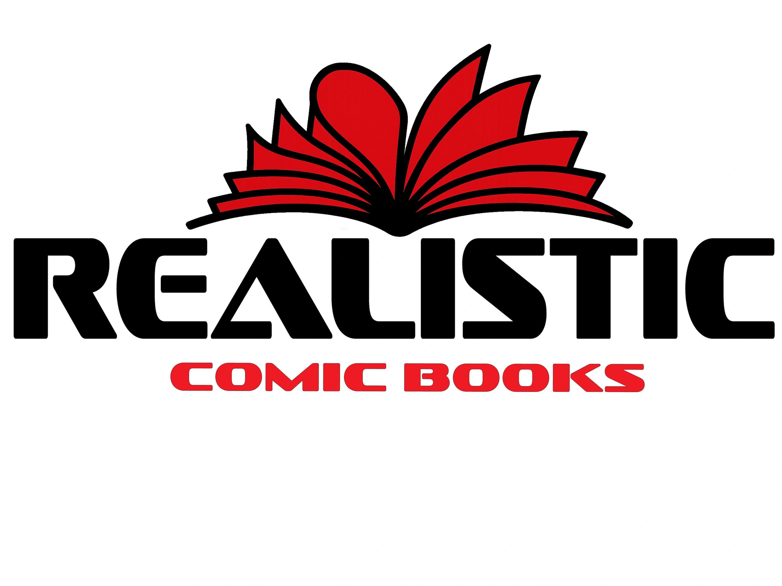 Logo of Realistic Comic Books with a red book graphic.
