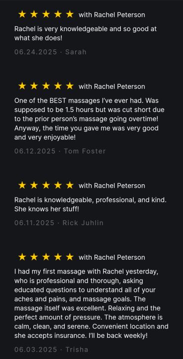 Positive 5-star reviews praising Rachel Peterson's massage skills and professionalism.
