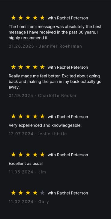 Positive client reviews praising Rachel Peterson's massage skills and professionalism.