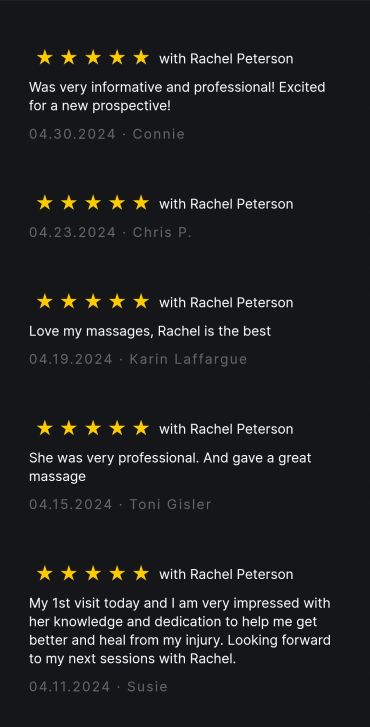 Five-star reviews praising Rachel Peterson's professionalism and massage skills.