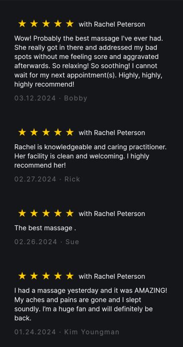 Four glowing 5-star reviews praising Rachel Peterson's exceptional massage services.