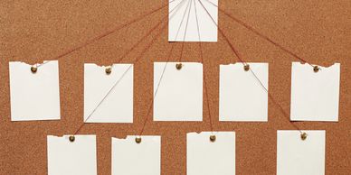 Paper notes on a pin board showing how a Theory of Change is structured