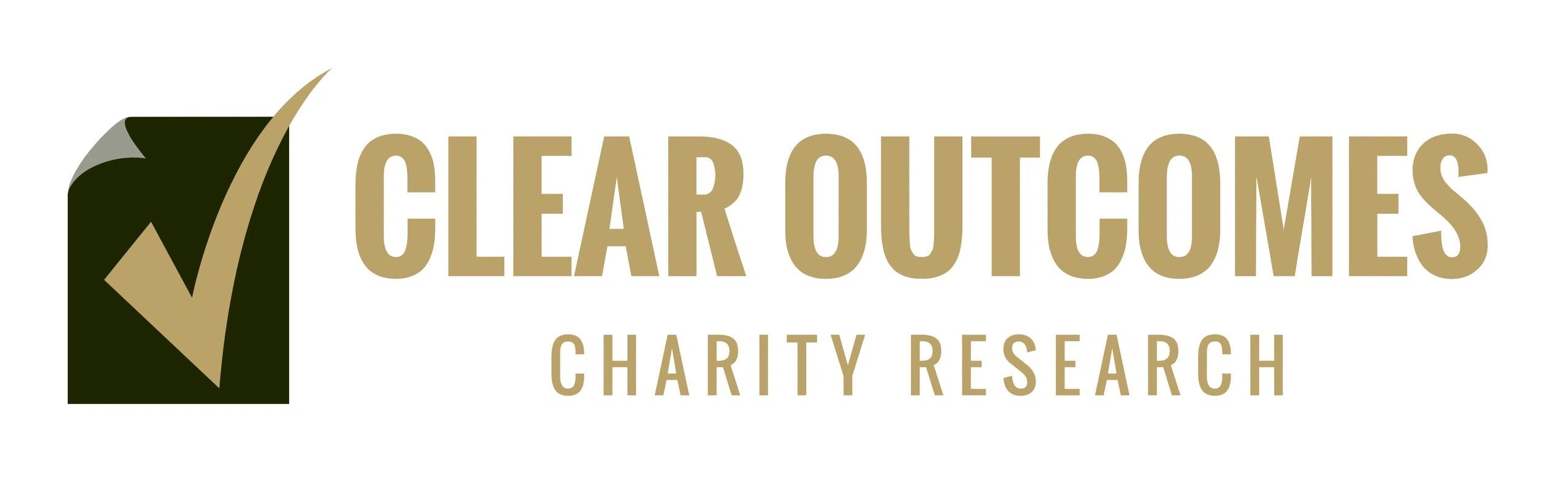 Logo gold tick on black background. Company name Clear Outcomes Charity Research.
